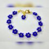 Blue Flower Beaded Bracelet - Handmade Floral Jewelry with Gold Accents